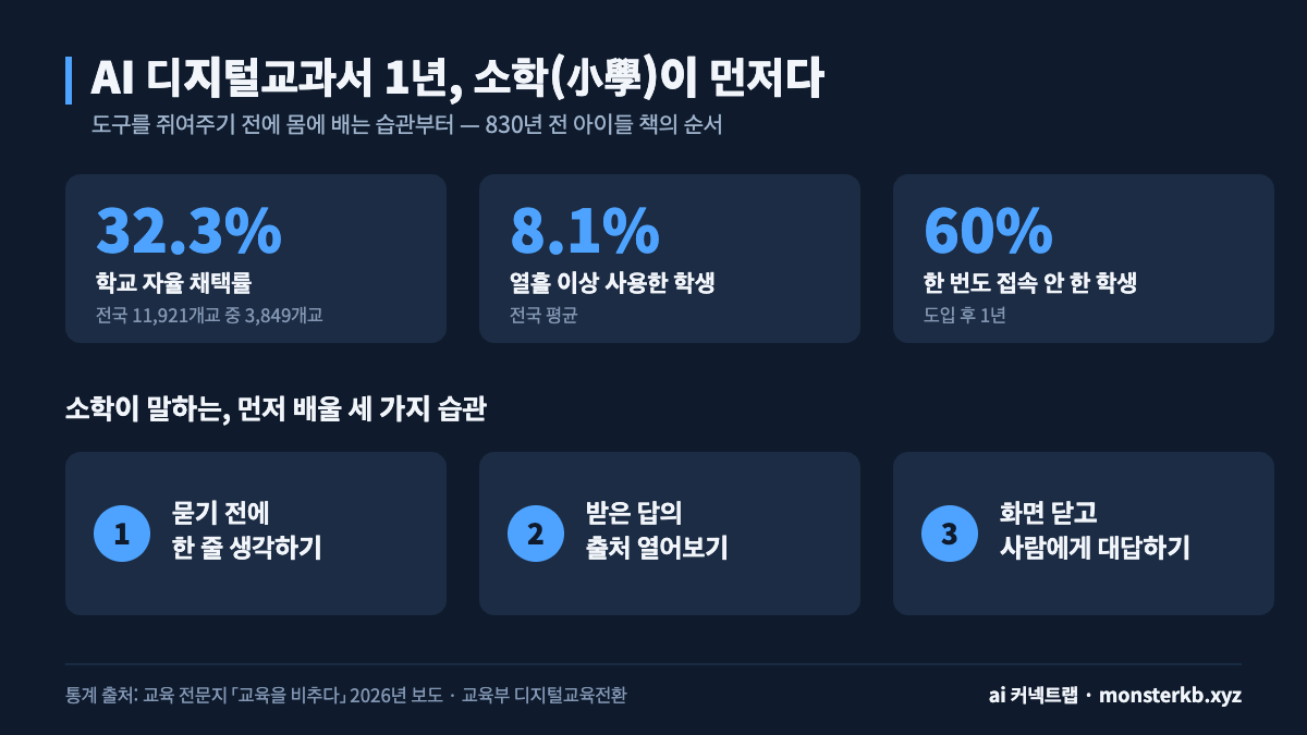 AI 디지털교과서 현황(채택률 32.3%, 사용 8.1%, 미접속 60%)과 소학이 말하는 세 가지 습관을 정리한 인포그래픽